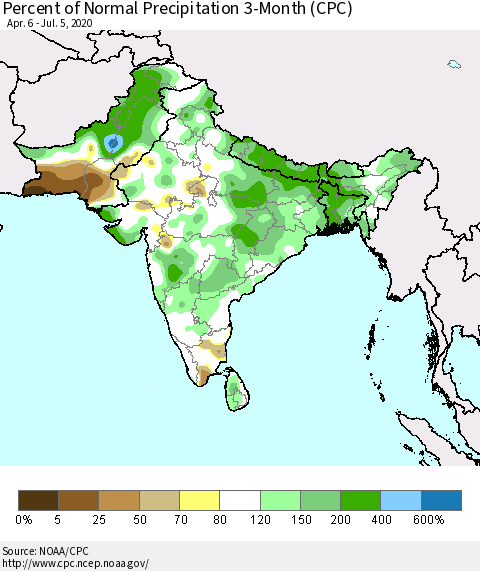 Southern Asia Percent of Normal Precipitation 3-Month (CPC) Thematic Map For 4/6/2020 - 7/5/2020