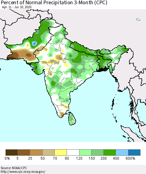 Southern Asia Percent of Normal Precipitation 3-Month (CPC) Thematic Map For 4/11/2020 - 7/10/2020