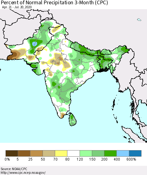 Southern Asia Percent of Normal Precipitation 3-Month (CPC) Thematic Map For 4/21/2020 - 7/20/2020