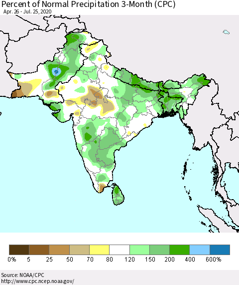 Southern Asia Percent of Normal Precipitation 3-Month (CPC) Thematic Map For 4/26/2020 - 7/25/2020