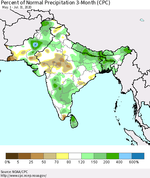 Southern Asia Percent of Normal Precipitation 3-Month (CPC) Thematic Map For 5/1/2020 - 7/31/2020