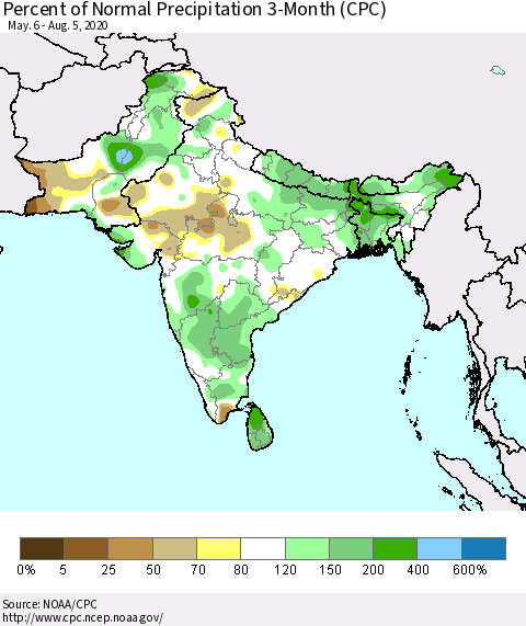 Southern Asia Percent of Normal Precipitation 3-Month (CPC) Thematic Map For 5/6/2020 - 8/5/2020