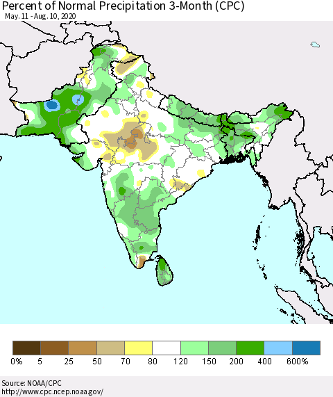 Southern Asia Percent of Normal Precipitation 3-Month (CPC) Thematic Map For 5/11/2020 - 8/10/2020