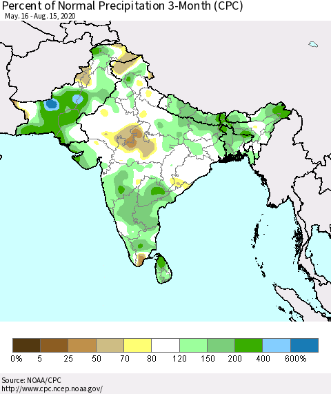 Southern Asia Percent of Normal Precipitation 3-Month (CPC) Thematic Map For 5/16/2020 - 8/15/2020