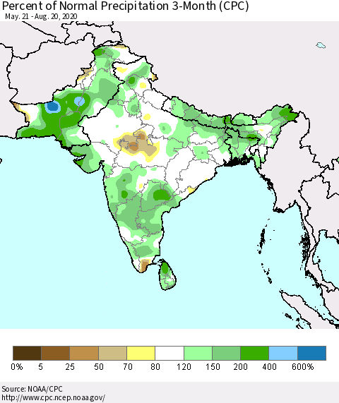 Southern Asia Percent of Normal Precipitation 3-Month (CPC) Thematic Map For 5/21/2020 - 8/20/2020