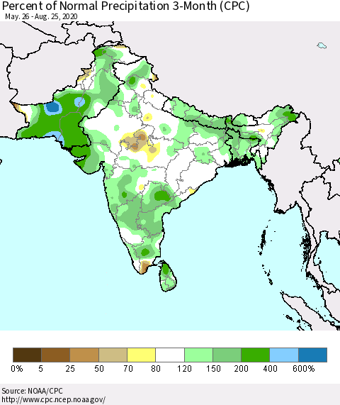 Southern Asia Percent of Normal Precipitation 3-Month (CPC) Thematic Map For 5/26/2020 - 8/25/2020