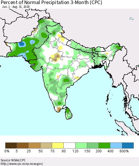 Southern Asia Percent of Normal Precipitation 3-Month (CPC) Thematic Map For 6/1/2020 - 8/31/2020