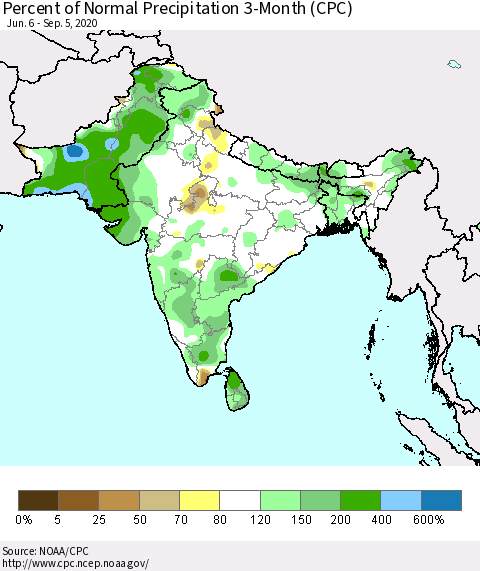 Southern Asia Percent of Normal Precipitation 3-Month (CPC) Thematic Map For 6/6/2020 - 9/5/2020