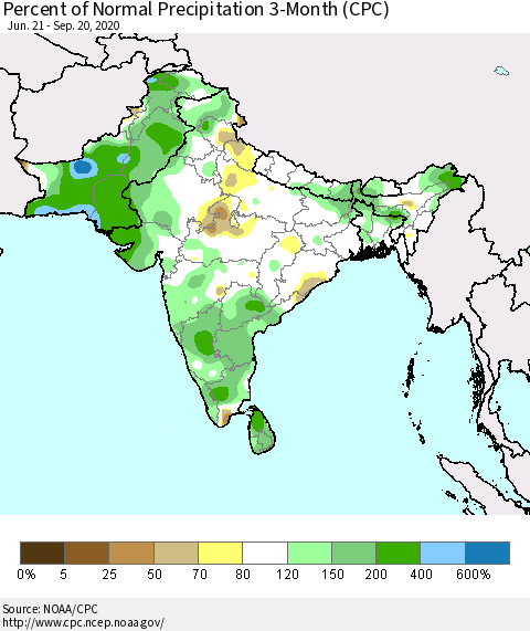 Southern Asia Percent of Normal Precipitation 3-Month (CPC) Thematic Map For 6/21/2020 - 9/20/2020