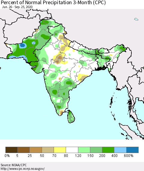 Southern Asia Percent of Normal Precipitation 3-Month (CPC) Thematic Map For 6/26/2020 - 9/25/2020
