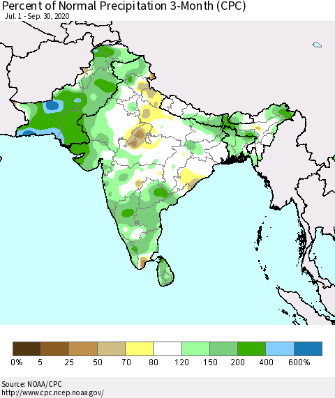 Southern Asia Percent of Normal Precipitation 3-Month (CPC) Thematic Map For 7/1/2020 - 9/30/2020