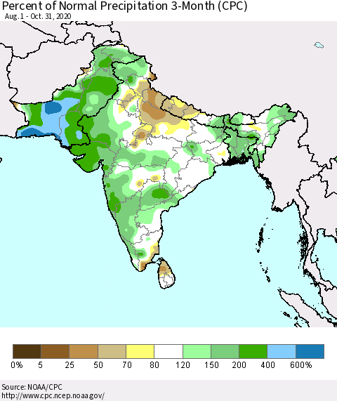 Southern Asia Percent of Normal Precipitation 3-Month (CPC) Thematic Map For 8/1/2020 - 10/31/2020