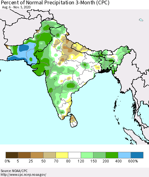 Southern Asia Percent of Normal Precipitation 3-Month (CPC) Thematic Map For 8/6/2020 - 11/5/2020