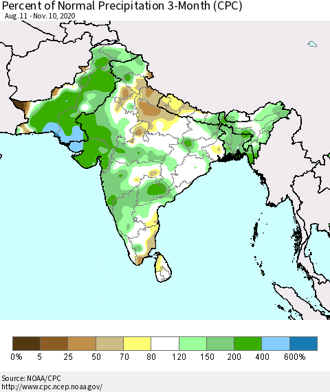 Southern Asia Percent of Normal Precipitation 3-Month (CPC) Thematic Map For 8/11/2020 - 11/10/2020