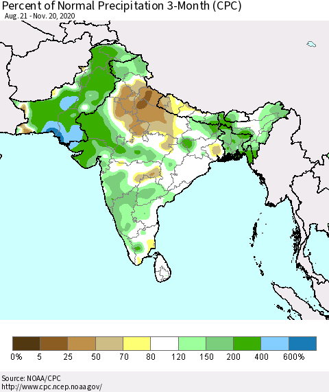 Southern Asia Percent of Normal Precipitation 3-Month (CPC) Thematic Map For 8/21/2020 - 11/20/2020