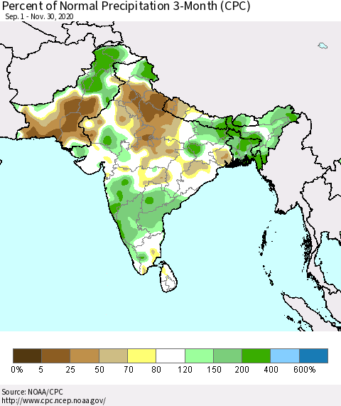 Southern Asia Percent of Normal Precipitation 3-Month (CPC) Thematic Map For 9/1/2020 - 11/30/2020