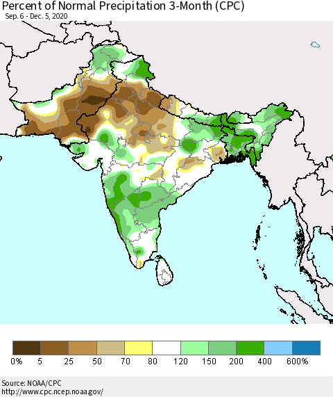 Southern Asia Percent of Normal Precipitation 3-Month (CPC) Thematic Map For 9/6/2020 - 12/5/2020