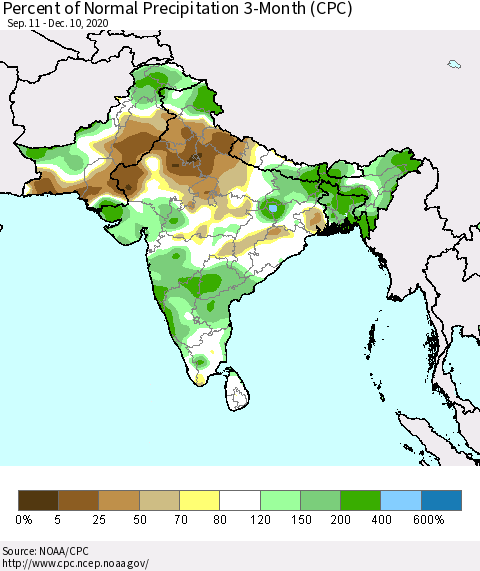Southern Asia Percent of Normal Precipitation 3-Month (CPC) Thematic Map For 9/11/2020 - 12/10/2020