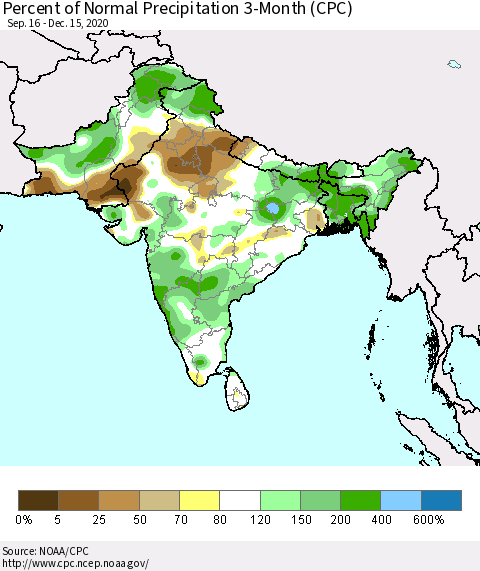 Southern Asia Percent of Normal Precipitation 3-Month (CPC) Thematic Map For 9/16/2020 - 12/15/2020