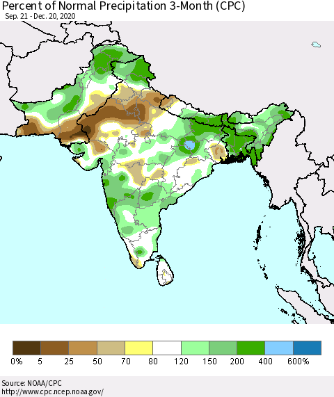 Southern Asia Percent of Normal Precipitation 3-Month (CPC) Thematic Map For 9/21/2020 - 12/20/2020