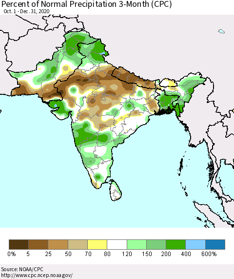 Southern Asia Percent of Normal Precipitation 3-Month (CPC) Thematic Map For 10/1/2020 - 12/31/2020