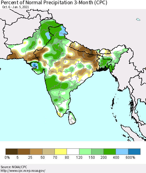 Southern Asia Percent of Normal Precipitation 3-Month (CPC) Thematic Map For 10/6/2020 - 1/5/2021