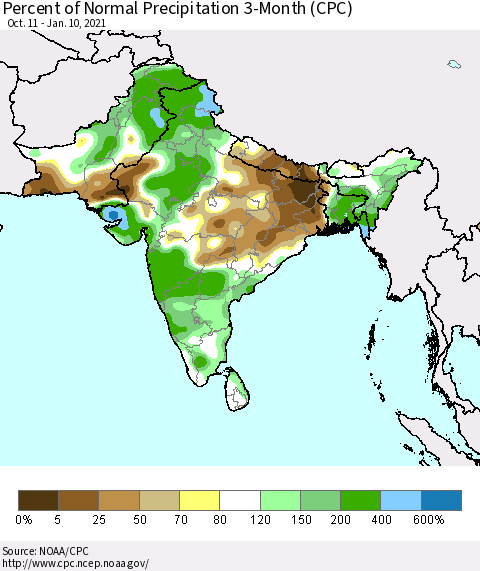 Southern Asia Percent of Normal Precipitation 3-Month (CPC) Thematic Map For 10/11/2020 - 1/10/2021