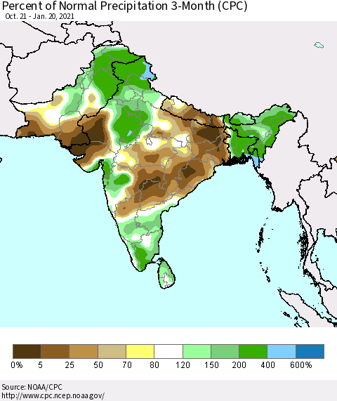 Southern Asia Percent of Normal Precipitation 3-Month (CPC) Thematic Map For 10/21/2020 - 1/20/2021