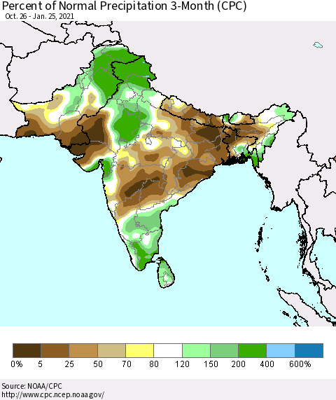 Southern Asia Percent of Normal Precipitation 3-Month (CPC) Thematic Map For 10/26/2020 - 1/25/2021