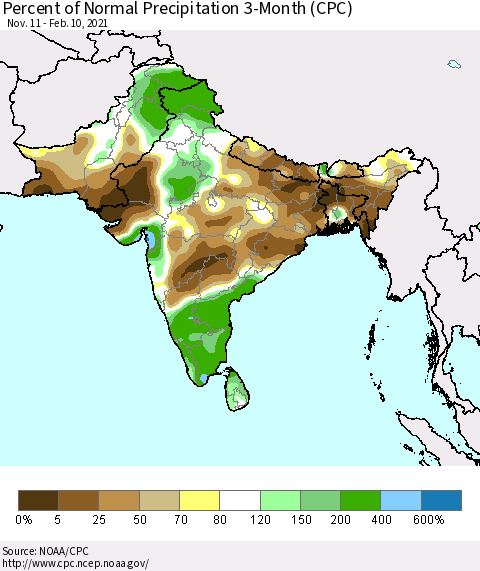 Southern Asia Percent of Normal Precipitation 3-Month (CPC) Thematic Map For 11/11/2020 - 2/10/2021