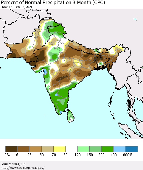 Southern Asia Percent of Normal Precipitation 3-Month (CPC) Thematic Map For 11/16/2020 - 2/15/2021
