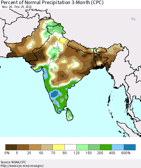 Southern Asia Percent of Normal Precipitation 3-Month (CPC) Thematic Map For 11/26/2020 - 2/25/2021
