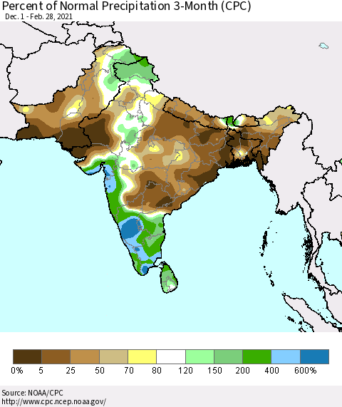 Southern Asia Percent of Normal Precipitation 3-Month (CPC) Thematic Map For 12/1/2020 - 2/28/2021