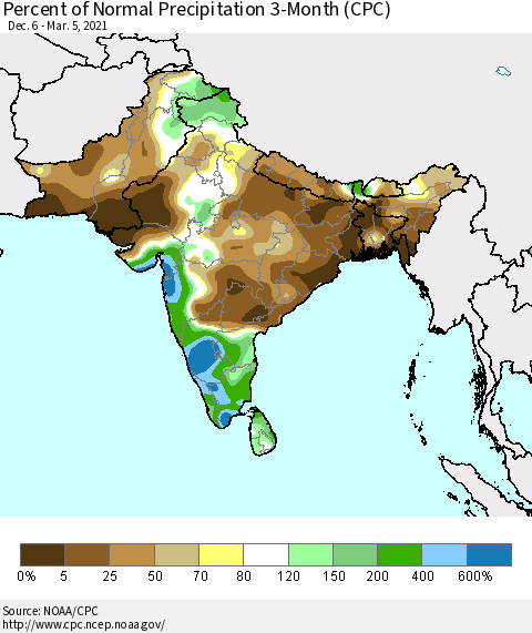 Southern Asia Percent of Normal Precipitation 3-Month (CPC) Thematic Map For 12/6/2020 - 3/5/2021