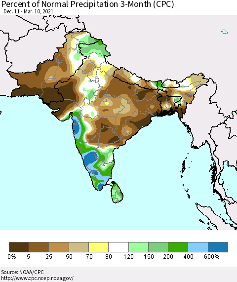 Southern Asia Percent of Normal Precipitation 3-Month (CPC) Thematic Map For 12/11/2020 - 3/10/2021