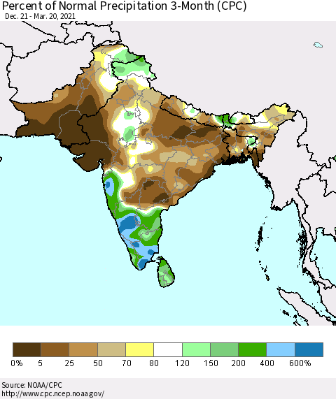 Southern Asia Percent of Normal Precipitation 3-Month (CPC) Thematic Map For 12/21/2020 - 3/20/2021