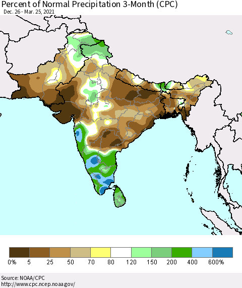 Southern Asia Percent of Normal Precipitation 3-Month (CPC) Thematic Map For 12/26/2020 - 3/25/2021