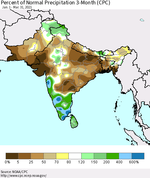 Southern Asia Percent of Normal Precipitation 3-Month (CPC) Thematic Map For 1/1/2021 - 3/31/2021