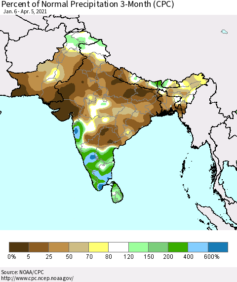 Southern Asia Percent of Normal Precipitation 3-Month (CPC) Thematic Map For 1/6/2021 - 4/5/2021