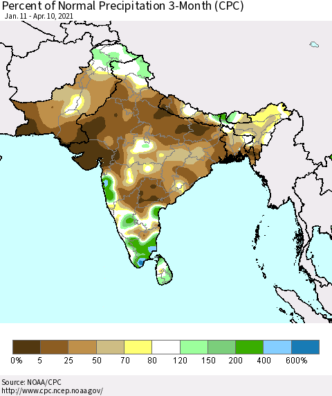 Southern Asia Percent of Normal Precipitation 3-Month (CPC) Thematic Map For 1/11/2021 - 4/10/2021