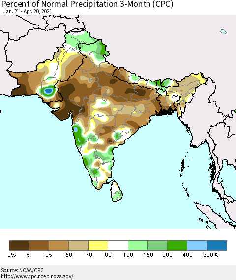 Southern Asia Percent of Normal Precipitation 3-Month (CPC) Thematic Map For 1/21/2021 - 4/20/2021