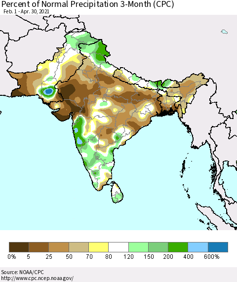Southern Asia Percent of Normal Precipitation 3-Month (CPC) Thematic Map For 2/1/2021 - 4/30/2021