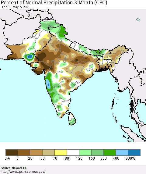 Southern Asia Percent of Normal Precipitation 3-Month (CPC) Thematic Map For 2/6/2021 - 5/5/2021