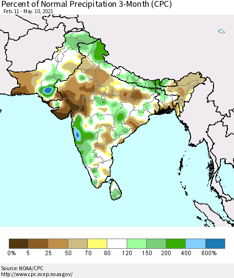 Southern Asia Percent of Normal Precipitation 3-Month (CPC) Thematic Map For 2/11/2021 - 5/10/2021
