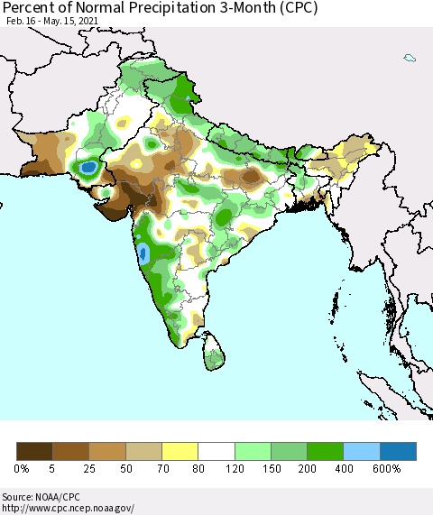 Southern Asia Percent of Normal Precipitation 3-Month (CPC) Thematic Map For 2/16/2021 - 5/15/2021
