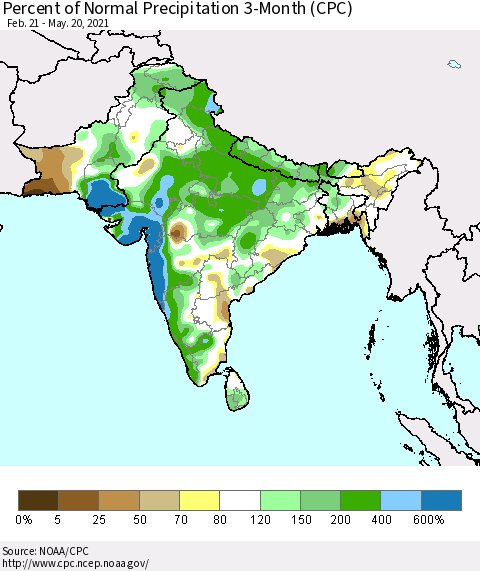 Southern Asia Percent of Normal Precipitation 3-Month (CPC) Thematic Map For 2/21/2021 - 5/20/2021