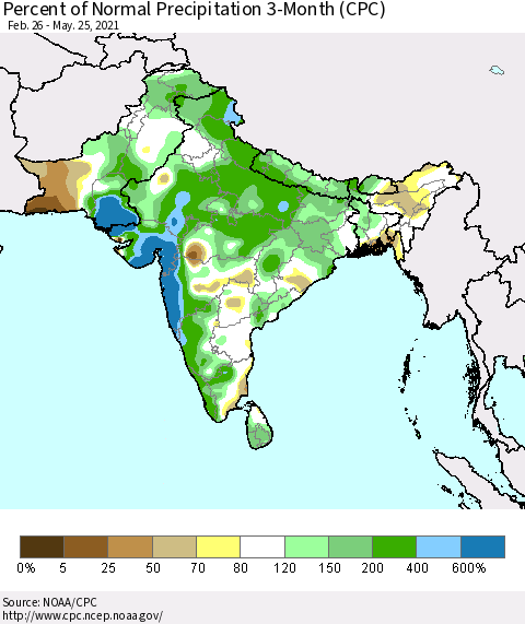 Southern Asia Percent of Normal Precipitation 3-Month (CPC) Thematic Map For 2/26/2021 - 5/25/2021