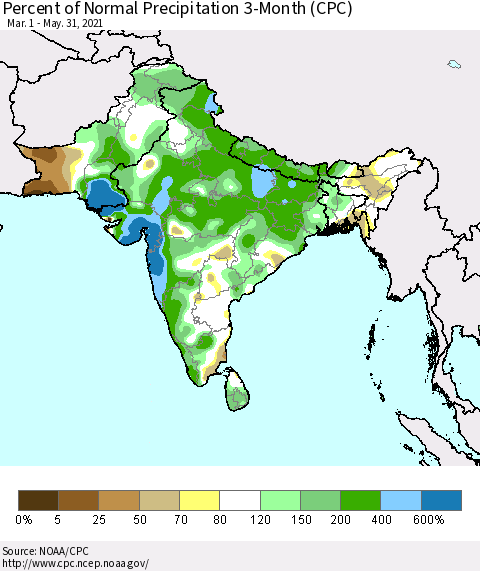 Southern Asia Percent of Normal Precipitation 3-Month (CPC) Thematic Map For 3/1/2021 - 5/31/2021