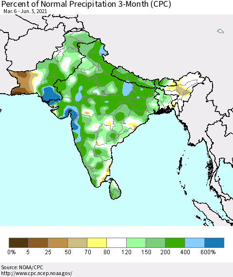 Southern Asia Percent of Normal Precipitation 3-Month (CPC) Thematic Map For 3/6/2021 - 6/5/2021