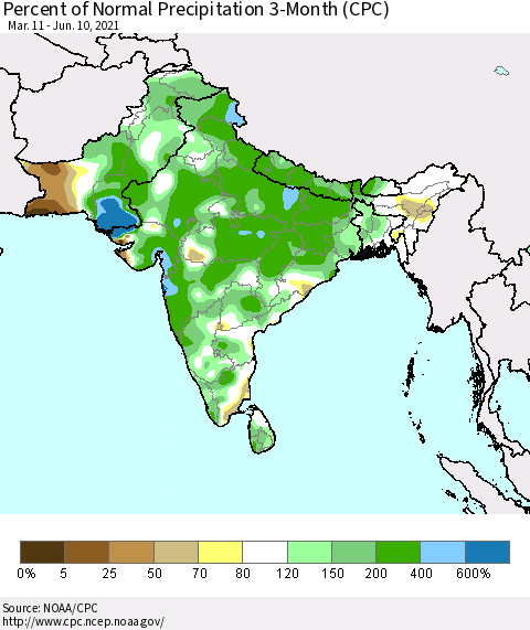Southern Asia Percent of Normal Precipitation 3-Month (CPC) Thematic Map For 3/11/2021 - 6/10/2021